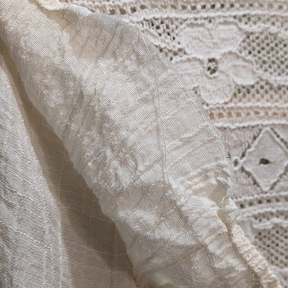 Cottagecore Lace Bib Blouse Cream Crinkle Gauze Ruffle Collar Ribbon Tie Boho - Picture 4 of 13
